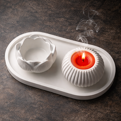 Lotus Glow – White  Candle & Bowl Tray Set