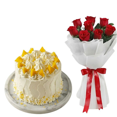 Tropical Mango Cake & Dozen Red Roses Combo
