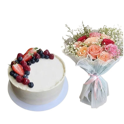 Berry Bliss Cake & Mixed Rose Bouquet Combo