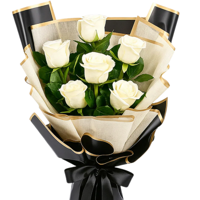 Pure Elegance – White Roses in Black Wrap