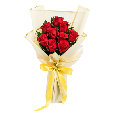 Golden Romance – 9 Red Roses in Yellow Wrap