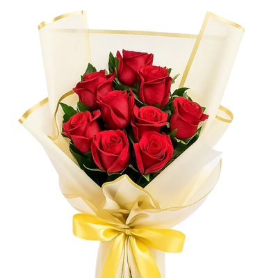 Golden Romance – 9 Red Roses in Yellow Wrap