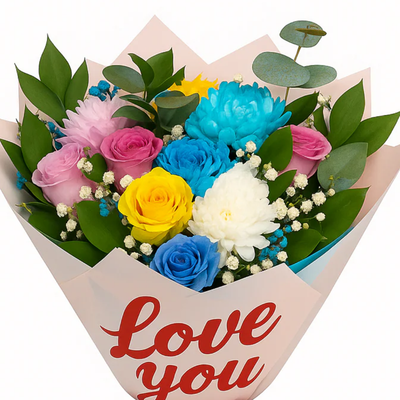 Love Bloom – Mixed Colorful Bouquet with Message Wrap