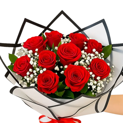 Crimson Petals – 10 Red Roses in White Wrap