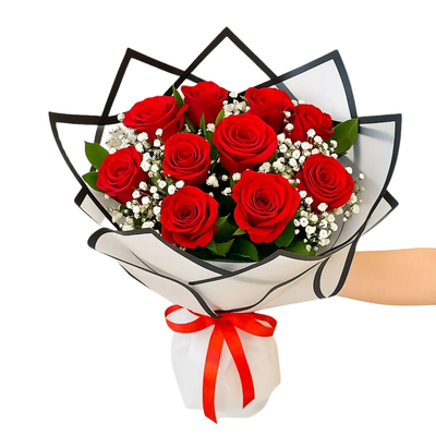 Crimson Petals – 10 Red Roses in White Wrap