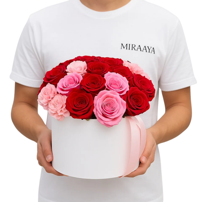 Blush Harmony – 33 Red & Pink Roses in Miraaya Box