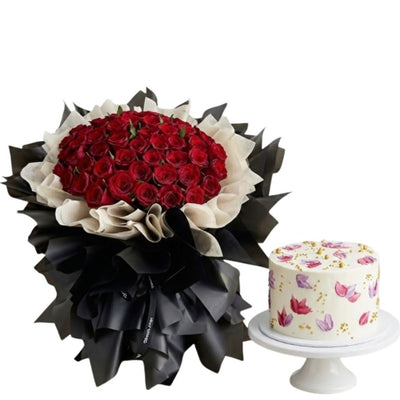 Luxury 50 Red Rose Bouquet & Artisan Cake Combo