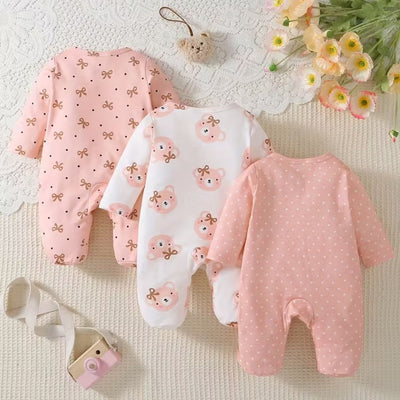 Baby Girls' Pink & Bear Print Footed Romper Set