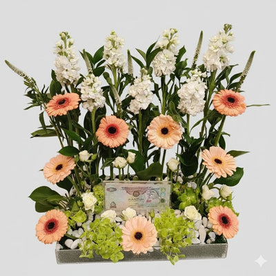 Money Bloom & Peach Gerbera Tray