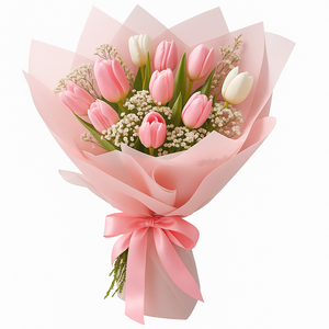 Tulip Tenderness – 10 Pink & White Tulips in Blush Wrap