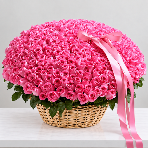 Grand Hot-Pink Rose Basket - A Dome of Roses