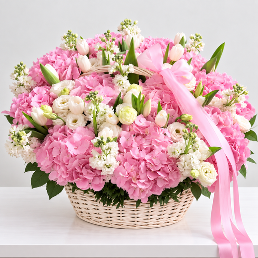 Pink Hydrangea Garden Basket - Hydrangeas, Lisianthus and Stock