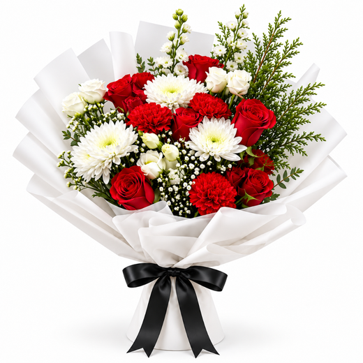 Red and White Winter Bouquet - Roses and Chrysanthemums