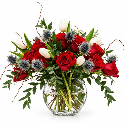 Red Rose and Thistle Vase - Roses, Tulips and Eryngium