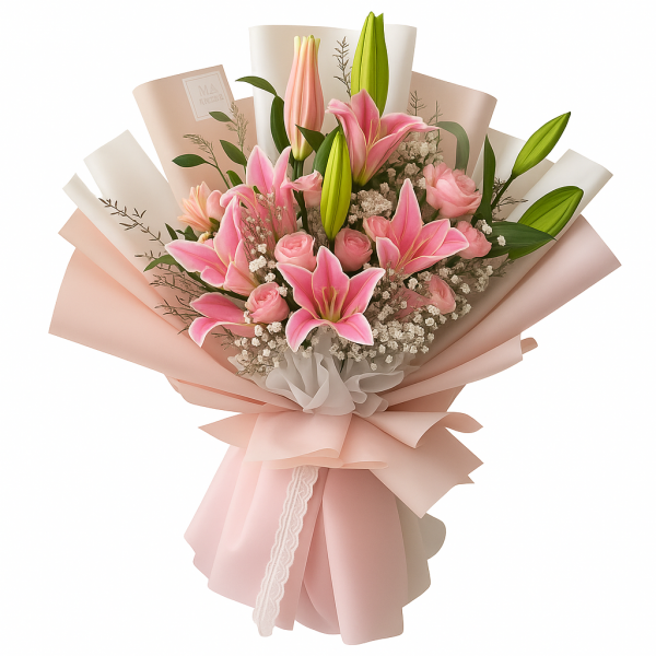 Pink Whisper – Lilies & Roses in Blush Wrap