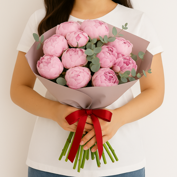 Blush Bloom – 12 Pink Peonies with Eucalyptus