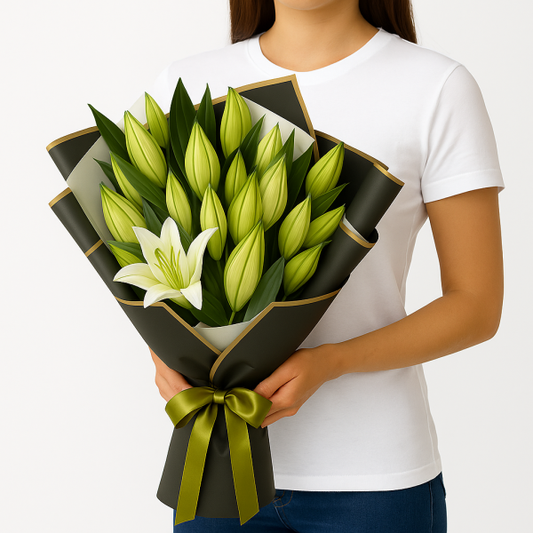 Pure Grace – White Lily Buds in Elegant Green Wrap