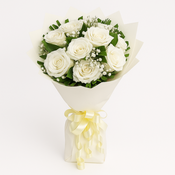 Ivory Purity – 9 White Roses with Baby’s Breath