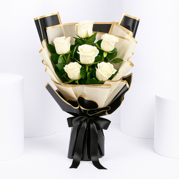  Pure Elegance – White Roses in Black Wrap