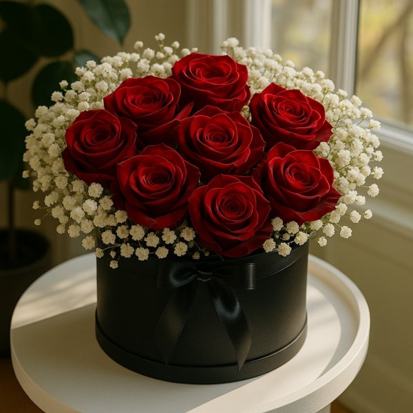 Eternal Passion – Red Roses in Black Hatbox