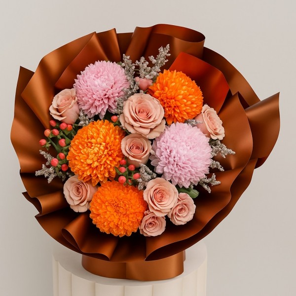 Autumn Bliss – Mixed Bloom Bouquet in Bronze Wrap