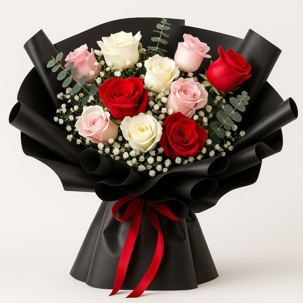 Velvet Symphony – 10 Mixed Roses in Black Wrap