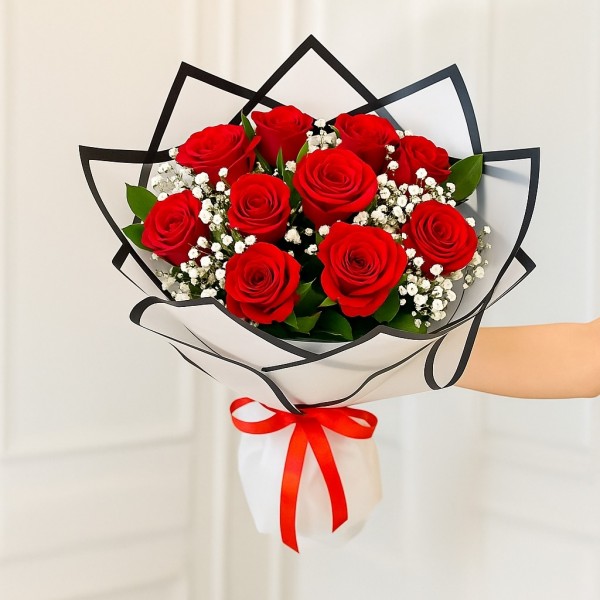 Crimson Petals – 10 Red Roses in White Wrap