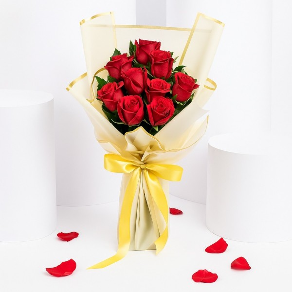 Golden Romance – 9 Red Roses in Yellow Wrap