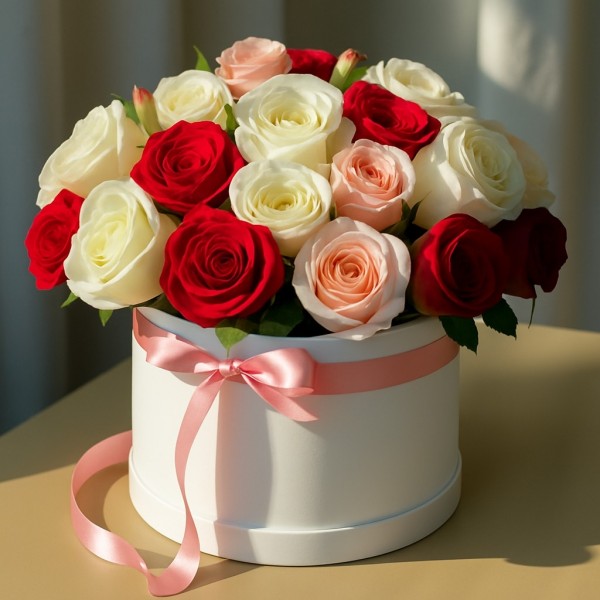 Radiant Romance – Mixed Roses in White Hat
