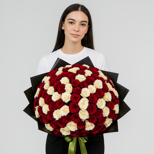 Regal Romance – 100 Red & White Roses Bouquet
