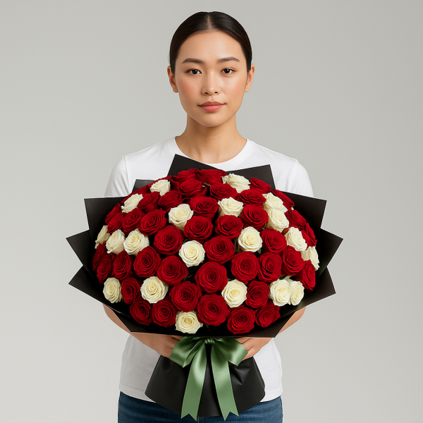 Eternal Bond – 75 Red & White Roses Bouquet