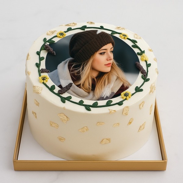 Photo Cake with Gold Leaf and Floral Ring