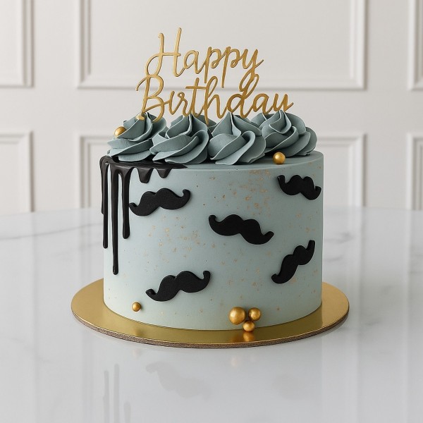 Mustache Theme Cake with Rosettes and Drip
