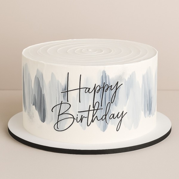 Minimalist Blue Brushstroke Cake with "Happy Birthday" Text