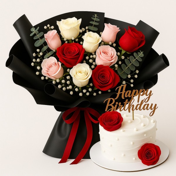 Rosy Wishes – Birthday Bloom & Cake Combo