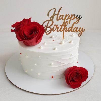 White Cake with Red Roses and Pearls