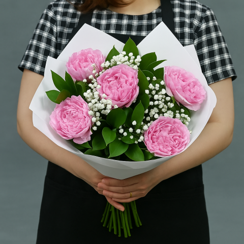 Blush Poise – 5 Pink Peony Roses with Baby’s Breath