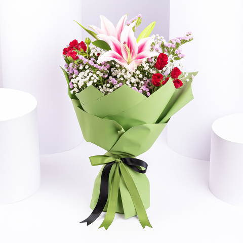 Blushing Radiance – Pink Lily & Mini Rose Bouquet