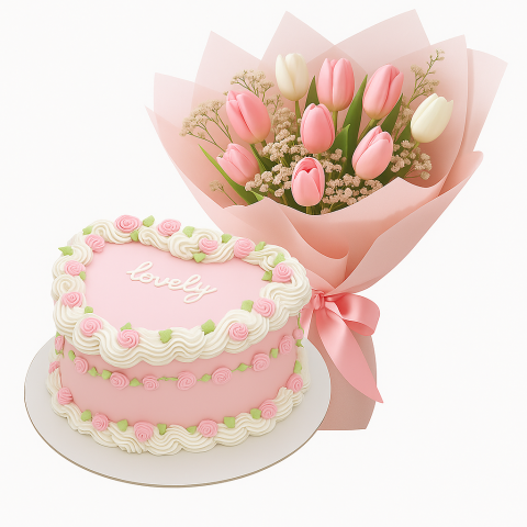 Strawberry Romance Combo – Heart Cake & Tulip Bouquet