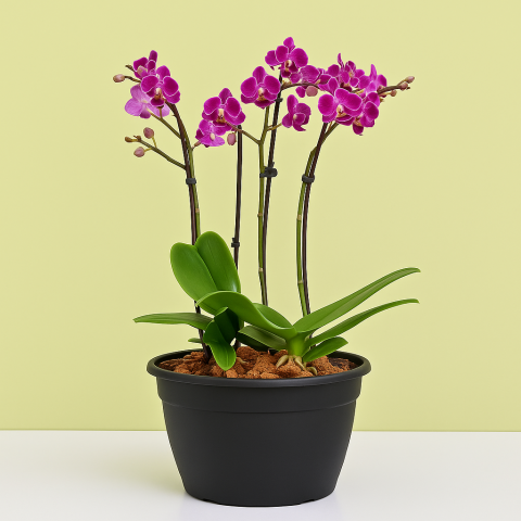 4 Stems Small Purple Orchid Plant in Black Pot
