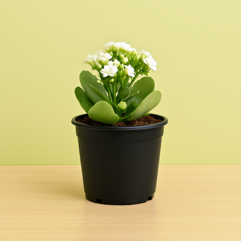 White Kalanchoe in Black Pot