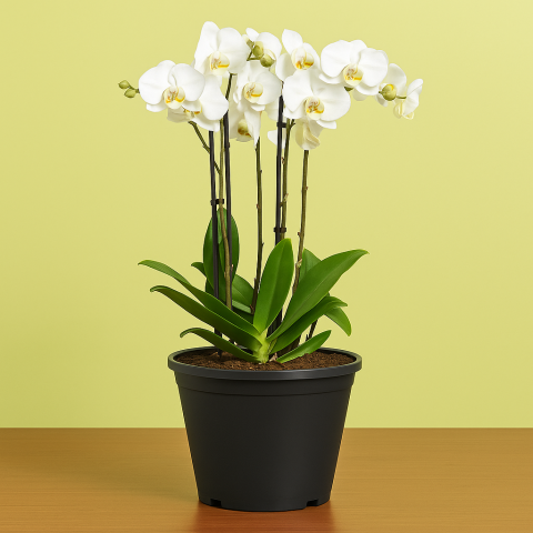 4 Stem Phalaenopsis or Orchid Plant in Black Pot
