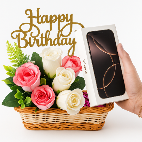 Birthday Blossom Surprise with iPhone 16 Pro – Pink & White Rose Basket