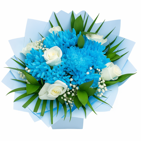 Blue Breeze – White Roses & Blue Chrysanthemum Bouquet