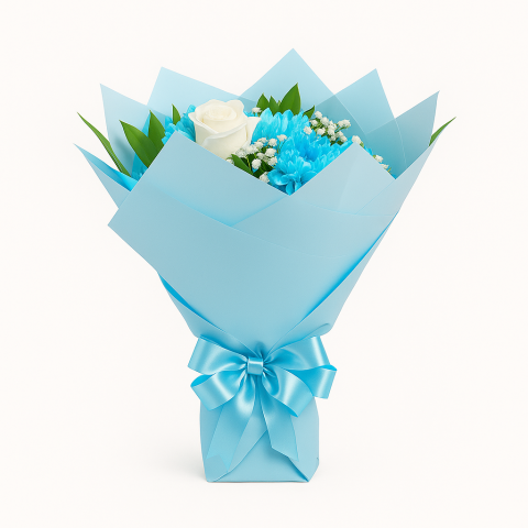 Blue Breeze – White Roses & Blue Chrysanthemum Bouquet