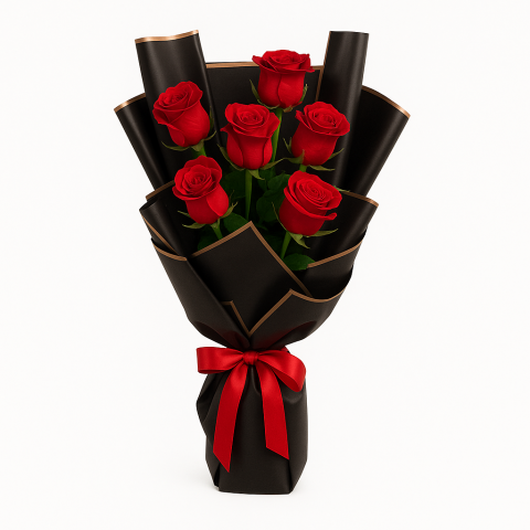 Scarlet Simplicity – 6 Red Roses in Black Wrap