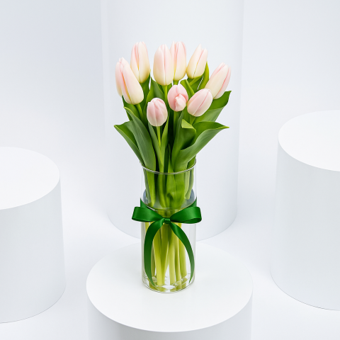 Blush Beauty – Soft Pink Tulips in Glass Vase
