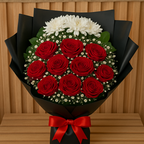 Crimson Grace – Red Rose & Chrysanthemum Bloom