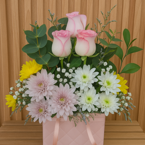 Pastel Daydream – Box Arrangement of Roses & Mixed Chrysanthemums