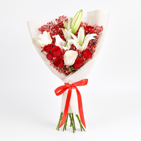 Passion & Purity – Red Roses and White Lilies Bouquet